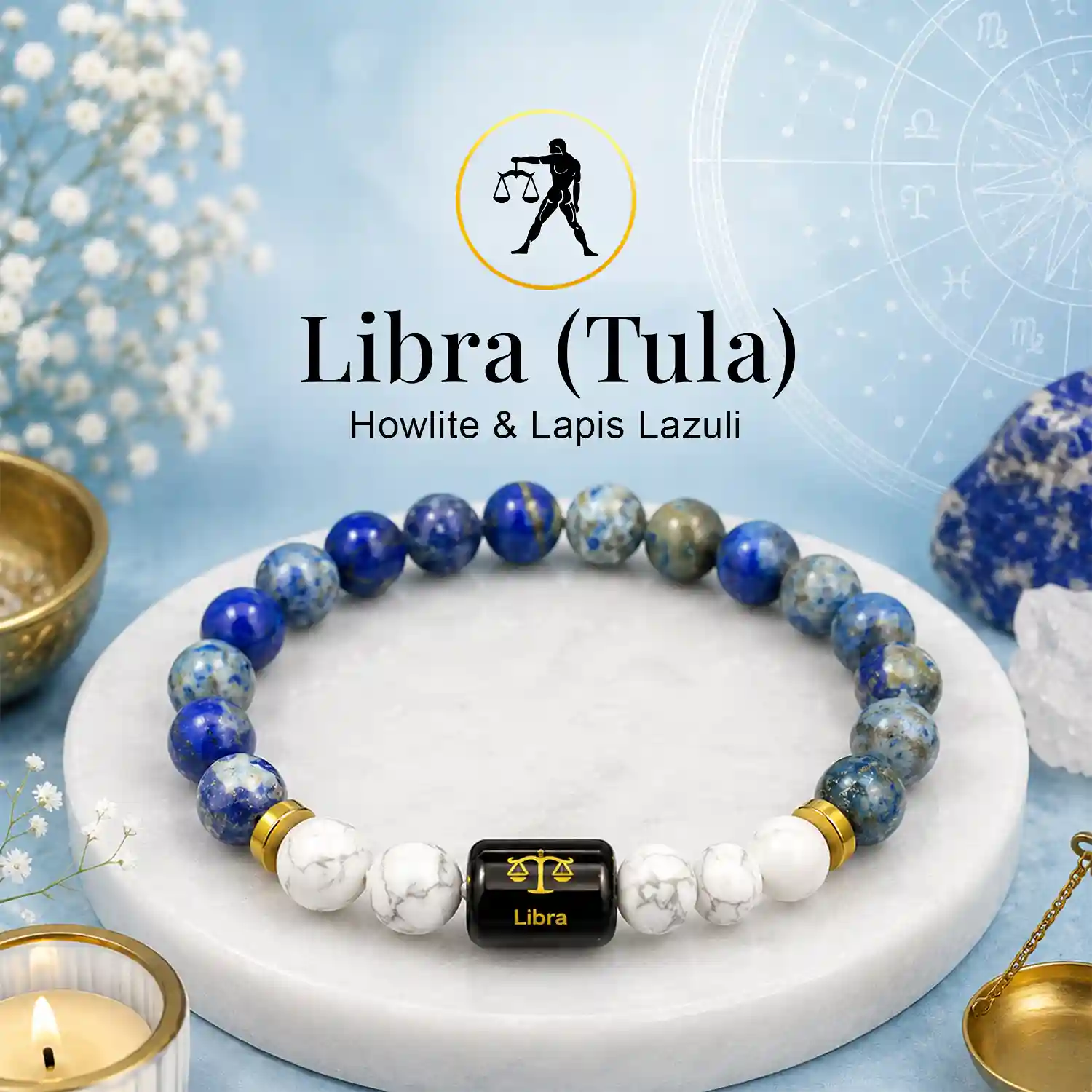 Libra (Tula) Zodiac Sign Bracelet with Howlite & Lapis Lazuli